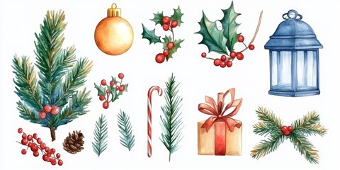 Wall Mural - Set of Christmas illustrative art decorations and decor isolated on white background