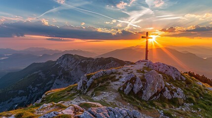 Canvas Print - Cross on Mountaintop Sunrise