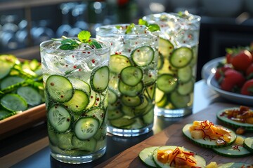 a group of glasses with cucumbers and ice on a table. 