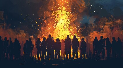 Sticker - People Silhouetted Against a Huge Bonfire