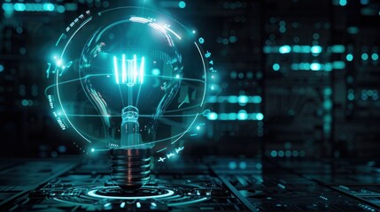 Wall Mural - a light bulb with a holographic interface around it.