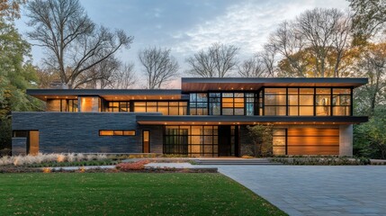 Poster - Modern house with large windows, stone exterior, and a paved driveway in a lush green lawn.