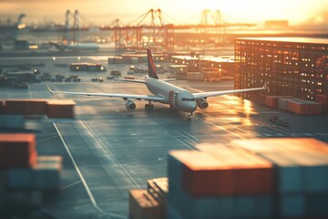 Airplane parked at cargo terminal during sunrise, surrounded by shipping containers and cranes, symbolizing global logistics and transport.