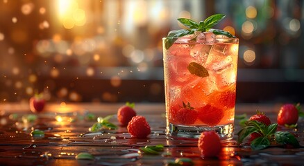 a glass of red drink with ice and berries. 