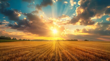 Wall Mural - Golden Sunset Over a Harvested Field