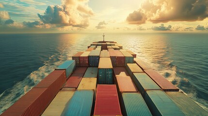 Cargo ship with containers sailing on tranquil ocean at sunset, under a dramatic sky with clouds.