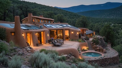 Poster - A modern home built into a hillside with a swimming pool and a view of the mountains.