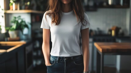 Wall Mural - A woman stands comfortably in a blank white t-shirt, exuding casual elegance