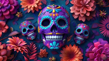 Canvas Print - Day of the Dead Sugar Skulls with Flowers