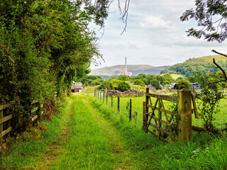 Wall Mural - A serene country pathway in a lush, green landscape with distant hills and industrial chimneys on the horizon.