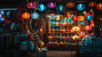 Wall Mural - Colorful Asian market with vibrant stalls and lanterns