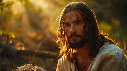 A serene depiction of Jesus blessing five loaves and two fish, soft lighting, intricate details on the bread and fish, background of a peaceful forest clearing, warm light illuminating the scene,