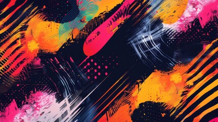 Wall Mural - A digital illustration featuring abstract shapes, brushstrokes, and geometric patterns in vibrant colors like orange, pink, and blue, creating a dynamic and energetic composition.