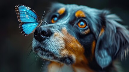 A dog observes a bright blue butterfly hovering close to its nose, capturing a moment of wonder and curiosity in the garden