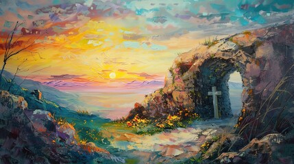 Canvas Print - Sunrise Over Mountain Cave with Cross