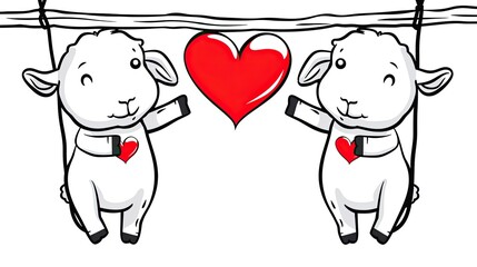 Poster - Two cute cartoon sheep hanging on a clothesline