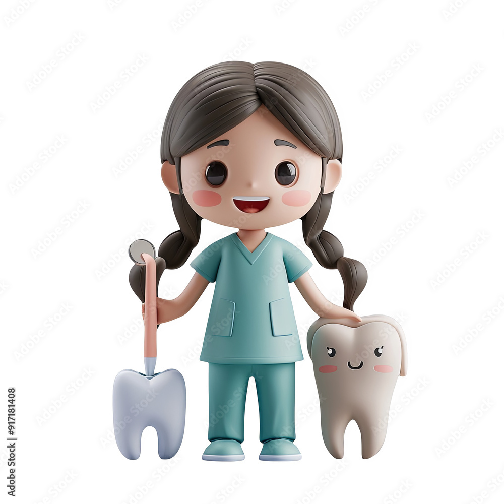 Cute Cartoon Dentist Girl Holding a Giant Tooth and Dental Mirror PNG ...