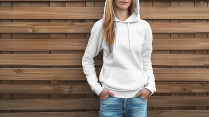 Wall Mural - Woman Wearing a White Hoodie in Front of Wooden Plank Wall