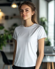 Wall Mural - Female model wears a blank white t-shirt in a trendy office space