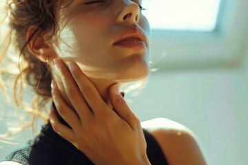 Young attractive woman touching sore neck, discomfort painful feelings