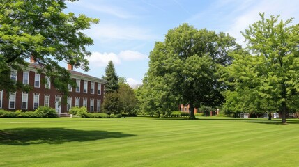 Wall Mural - Scenic college campus with green lawns, trees, and academic buildings.