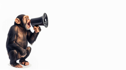 Chimp shouting into a megaphone, as to make an announcement or a campaign promotion, against a plain white background with ample copy space on the right.