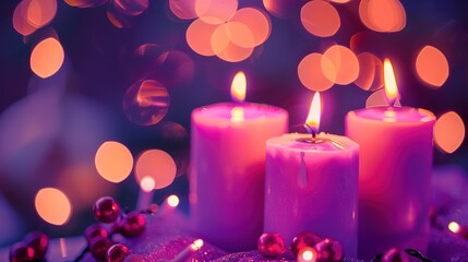 Canvas Print - Three Burning Candles with a Festive Bokeh Background