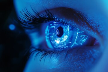 Wall Mural - Close-up of a blue eye with digital overlay.