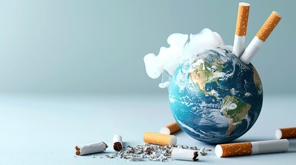 Smoking effects on the planet concept with a miniature Earth smoldering due to cigarette butts and smoke, representing environmental pollution.