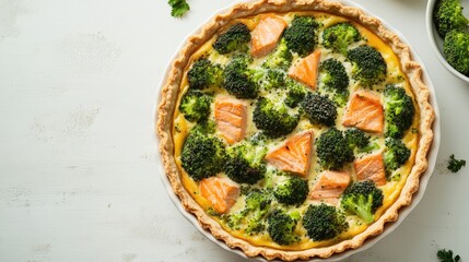 Sticker - A mouthwatering quiche filled with salmon and broccoli, seen from above, showcasing the delicious combination of flavors in a savory tart.