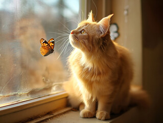 A cat is sitting by a window looking at a butterfly