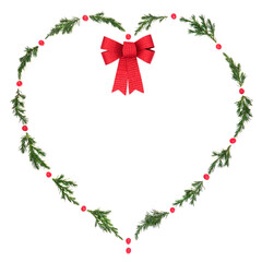 Wall Mural - Christmas  heart wreath with fir, red bow and winter holly berries on white. Solstice decorative symbol of love for holiday season, gift tag, invitation, logo card.