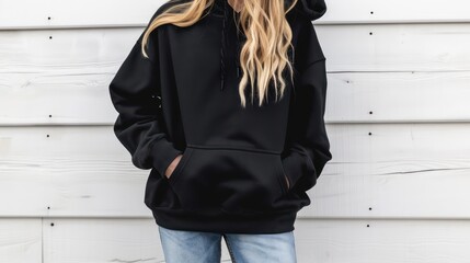 Wall Mural - Girl in Black Hoodie with Hands in Pockets