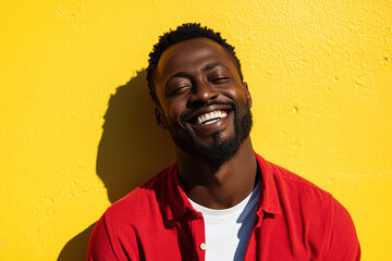 Professional Close-Up of a Black Man Smiling and Laughing in Red Shirt and White T-Shirt, Sunlight Enhancing His Joyful Expression Against Yellow Wall