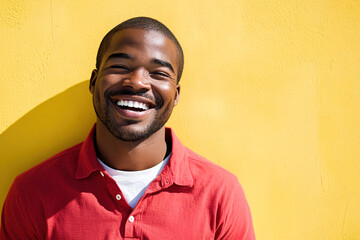 Sunlit Headshot of a Black Man in Red and White, Laughing Heartily with a Clean Focus and Professional Color Grading, Against a Yellow Wall