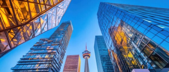 Poster - Glass Skyscrapers and Tower Against a Blue Sky