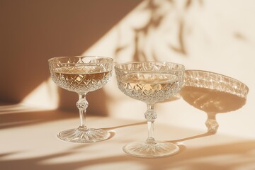 elegant vintage cut crystal champagne glasses filled with sparkling champagne casting intricate shadows on a light beige surface