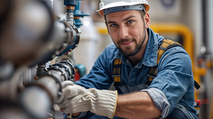 a man wearing a hard hat and blue work clothes is working on a pipe. he has a beard and is smiling.