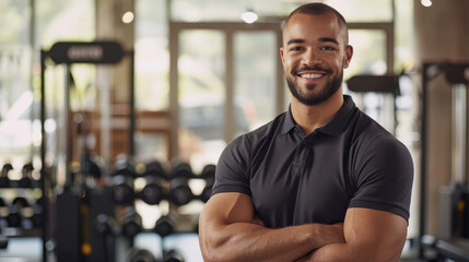 A high-definition photograph of a confident, smiling man in a modern gym, arms crossed