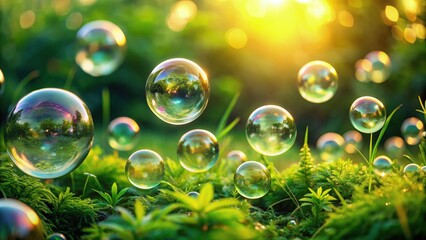 Wall Mural - Ethereal soap bubbles gently settle on green foliage during a serene sunset, capturing the beauty of nature and light. Generative AI