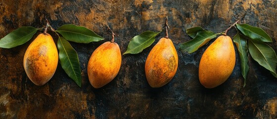 Four Yellow Fruits with Green Leaves on a Rough Surface