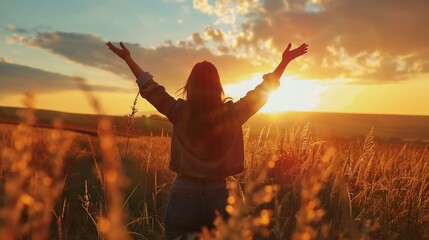 Poster - Woman Welcoming Sunset in Golden Field