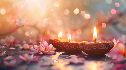 Canvas Print - Diwali Celebration: Illuminated Clay Lamps and Delicate Flowers