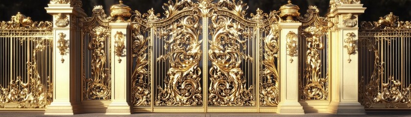 3D ornate gold gates with intricate designs, regal and luxurious