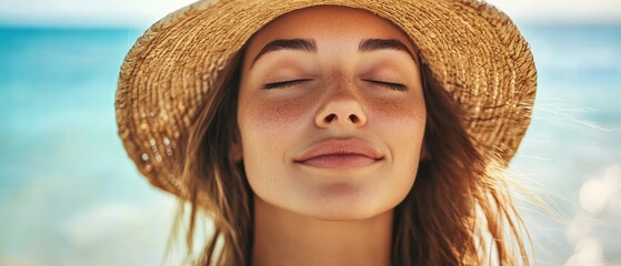 Wall Mural - Closeup of a Woman's Face with Eyes Closed Wearing a Straw Hat