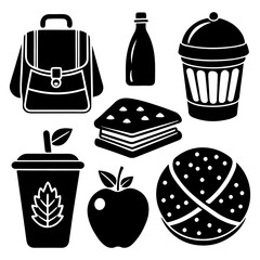 Wall Mural - Collection of educational concepts including back-to-school items such as notepads, papers, pencils, food, bags, and other school-related objects in outline and education concept icons.