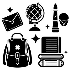 Wall Mural - Collection of educational concepts including back-to-school items such as notepads, papers, pencils, food, bags, and other school-related objects in outline and education concept icons.