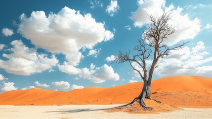 Wall Mural - A bare tree stands alone on red sand desert, highlighting drought, climate change, and arid conditions.	
