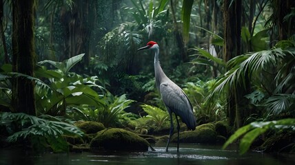 Wall Mural - Crane bird in tropical rainforest