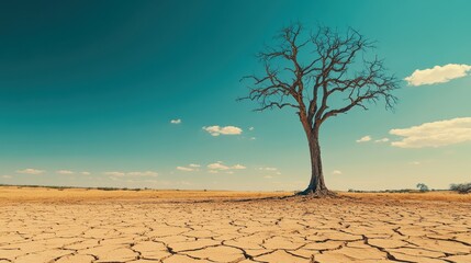 Wall Mural - A bare tree stands alone on cracked, dry soil, highlighting drought, climate change, and arid conditions.	
